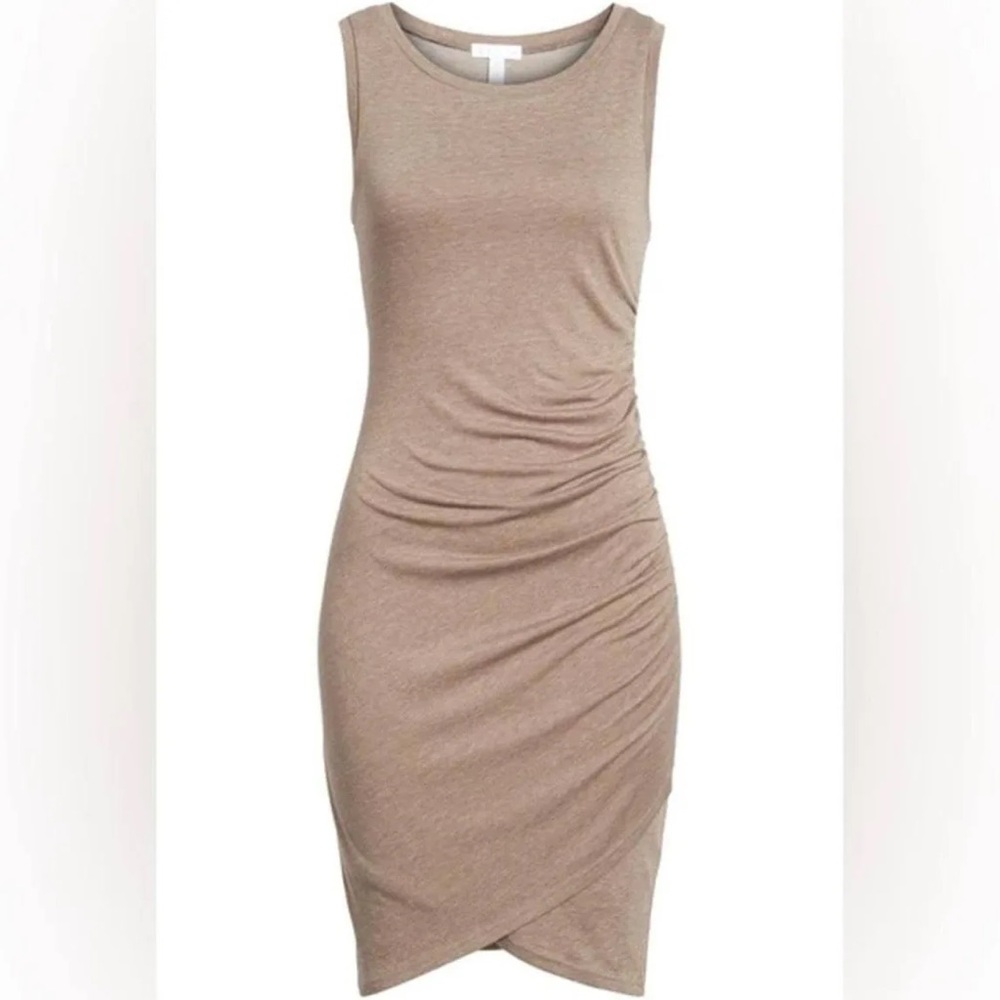 Leith Taupe Sleeveless Ruched Midi Dress